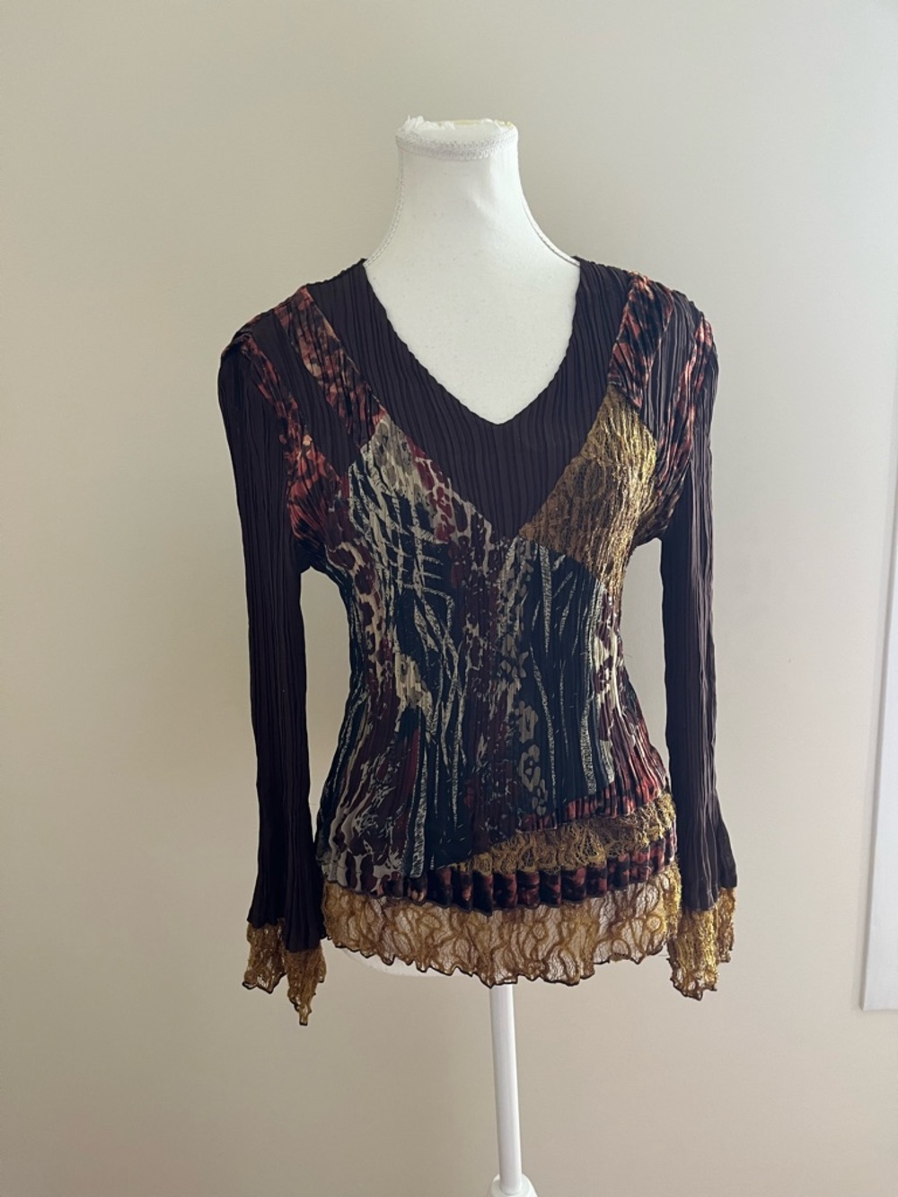 Brown Multicolor V-Neck Long Sleeve Lace-Trim Top